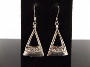 .925 Sterling Silver Inlayed Onyx Hook Dangle Earrings