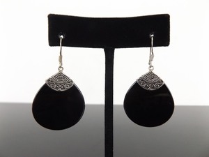 .925 Sterling Silver Onyx Disc Hook Dangle Earrings