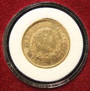 1807 A EMPEREUR NAPOLEON 20 FRANCS GOLD COIN IN AIRTITE