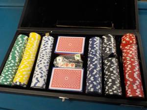 lot 56 image: New Poker Chips and Card Set with D...