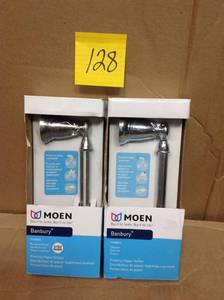 lot 128 image: Lot of 2 Moen Banbury Pivoting Double Post Toilet Paper Holder in Spot Resist Brushed Nickel  in good condition