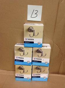 lot 13 image: Lot of 5 Moen  Banbury Double Robe Hook in Spot Resist Brushed Nickel not used