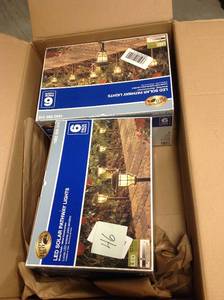 lot 46 image: Lot of 2 Hampton Bay Solar Brass Outdoor Integrated LED 2500K 10-Lumens Vintage Bulb Landscape Pathway Light Set (6-Pack) not used