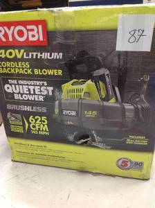 lot 87 image: Ryobi 145 MPH 625 CFM 40-Volt Lithium-Ion Cordless Backpack Blower 5 Ah Battery and Charger Includedin good condition