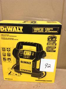 lot 92 image: DEWALT 1400 Peak Amp Jump Starter with Digital Compressorin good condition