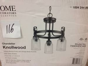 lot 116 image: Knollwood 3-Light Antique Bronze Chandelier with Vintage Brass Accents and Clear Glass Shades not used