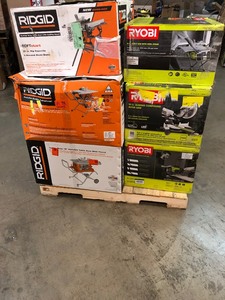 lot 127 image: Pallet with Assorted Hardware and Tools includes Ridgid Table Saw, Ryobi Table and Miter saw retail Aprox $2500