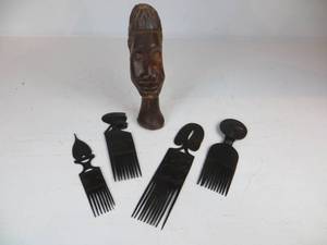 lot 39 image: 4 Wooden African Combs & Wooden Bust
