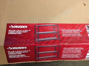 lot 107 image: Husky 65 in. W x 54 in. H x 24 in. D 3-Shelf Welded Steel Garage Storage Shelving Unit with Wire Deck in Black not used