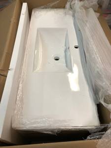 lot 114 image: Home Decorators Collection Lennard 48 in. W x 18 in. D Vanity in Natural Wood with Ceramic Vanity Top in White with White Sink not used retail $ 1000