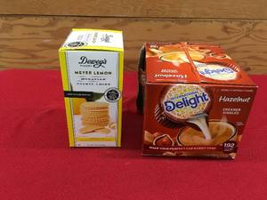 lot 48 image: Deweys Meyer Lemon Moravian Cookie Thins & Delight Hazelnut Creamer Singles, Retail $19.48