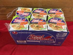 lot 63 image: 18 Pack Hot & Spicy Chicken Noodle Bowls, Retail $11.99