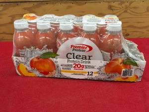 lot 131 image: Premier Protein Clear Protein Drink Peach, Retail $19.99