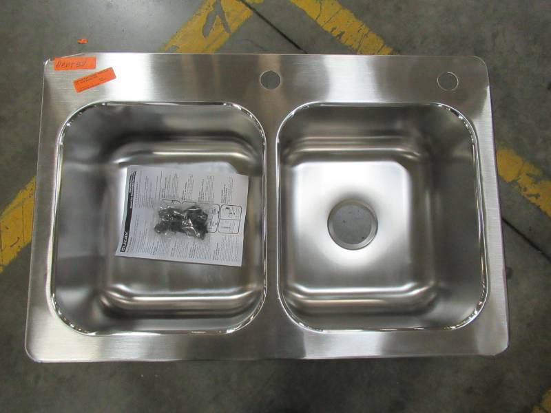 lot 359 image: Elkay LWFDB332292 Stainless Steel Double-Basin Drop-in 2-Hole Kitchen Sink - Corners are slightly bent.