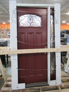 lot 204 image: CUSTOM Feather River Door 3 Panel Exterior Door in Maroon With Torino 14 Lite and Side Lite 49 X 82 X 4 916  LH Inswing, Double Bore.
