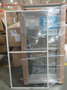 lot 252 image: JELD-WEN 27 34 X 52 X 4 916 Double Hung Window, Primed White Interior, Desert Sand Exterior, Single Cam Lock