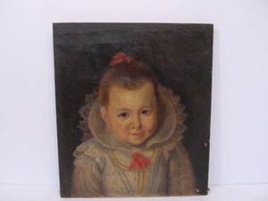 lot 115 image: Early Antique 19th Century Oil on Canvas Portrait of a Girl in Fancy Dress