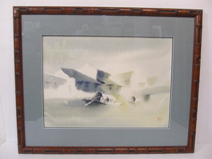 lot 122 image: Framed Signed Original Abstract Waterfront Village Scene Chinese Watercolor painting