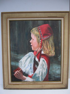lot 70 image: Large Vintage 1950s Illustration Style Oil on Canvas Painting - Norwegian Girl at Parade