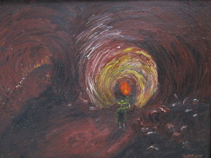lot 72 image: 1960s Mid Century Oil on Panel Painting- Cave Exploring - Signed WNUK - Fred Fridell