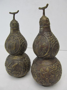 lot 27 image: Matching Pair of Signed Chinese Bronze Double Gourd Vases wLids