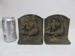 lot 32 image: Vintage 1930s Cast IronBrass Viking Ship Bookends