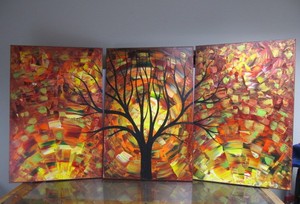 lot 33 image: Large Colorful Triptych Oil on Canvas 3-Piece Painting