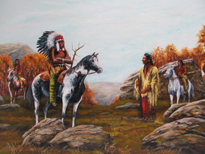 lot 34 image: Vintage Signed Native American Chief & Scouts Oil on Canvas Painting - Signed Al Jones