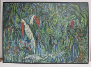 lot 35 image: Framed Vintage Mid Century Oil on Canvas Tropical Birds Painting - Initialed EA