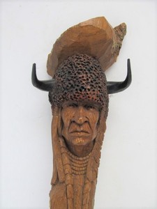 lot 39 image: Original Hand Carved 1975 WILLARD MORIN Native American Wooden Bust Sculpture