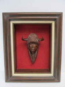 lot 40 image: Original Hand Carved 1974 WILLARD MORIN Native American Wooden Bust Sculpture