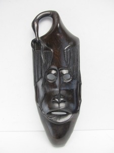 lot 54 image: Impressive Vintage Sculptural Hand Carved Ebony Tribal Mask wBird Clutching Snake