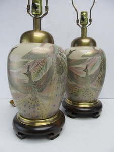 lot 55 image: Matching Pair of Signed Vintage FREDERICK COOPER Orientalist Brass Peacock Table Lamps