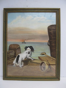 lot 76 image: Antique PastelChalk Painting - Excited Dog Waiting for Incoming Ironclad Boat