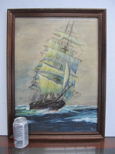 lot 77 image: Vintage Framed Signed 1940s Nautical Watercolor Ship Painting