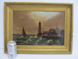 lot 79 image: Antique 19th Century Framed Oil on Board Nautical Ship Coastal Harbor Scene