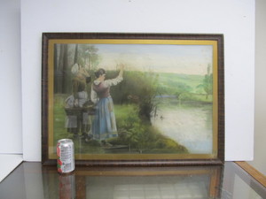 lot 80 image: Framed Antique Original PastelChalk Painting wLadies Waving Across River