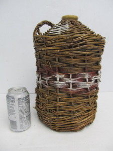 lot 86 image: Antique English Stoneware Beer Jug w Woven Wicker Carrying Case