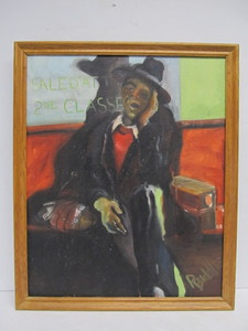 lot 151 image: Signed Vintage Oil on Canvas French Train Car Painting - 2nd Class Passenger