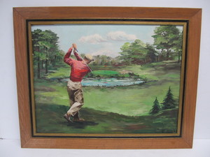 lot 152 image: Great Looking Mid Century 1962 Oil on Board Golf Painting
