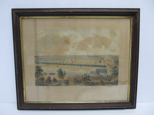 lot 155 image: Original 1862-3 Civil War Era Framed Lithograph - Camp Oliver 25th Mass. V. Infantry