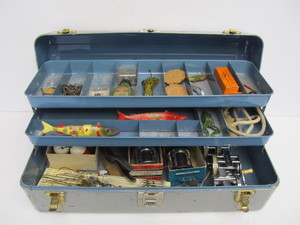 lot 161 image: Vintage Union Sport King Tackle Box wTackle Reels etc
