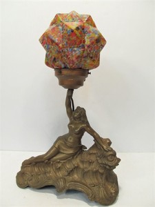 lot 139 image: Antique Figural Nude Cast Metal Table Lamp w BEAUTIFUL Czech Glass Shade