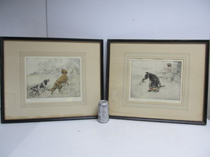 lot 174 image: 2 Framed Vintage Signed & Hand Colored Hunting Dog Etchings by Henry Wilkinson