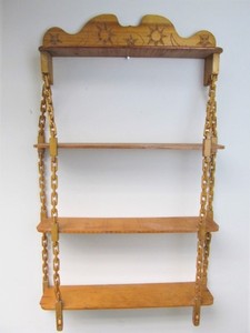 lot 169 image: Impressive Old Vintage Hand Carved Folk Art Hanging Chain Whimsical Wall Shelf - Chains Carved From Single Piece of Wood