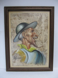 lot 187 image: Signed Vintage Mid Century Oil on Parchment Whimsical Don Quixote Portrait Painting