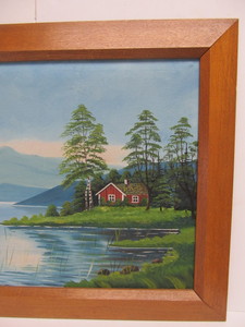 lot 188 image: Antique Folk Art Oil on Canvas Cabin on Lake Scene Landscape Painting