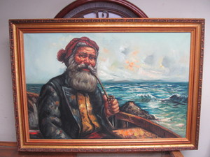 lot 185 image: Remo Capone (b. 1927) Framed Oil on Canvas Old Sea Dog Fisherman wPipe Painting
