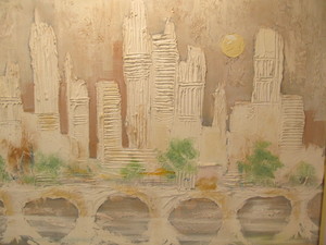 lot 201 image: LARGE Vintage STEPHEN KAYE City Skyline Textured Oil on Canvas Painting