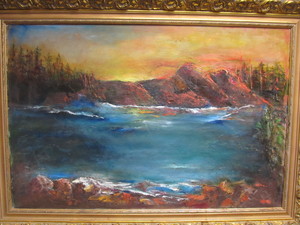 lot 203 image: Ornately Framed Vintage Oil on Canvas Cabin on Lake Scene Painting
